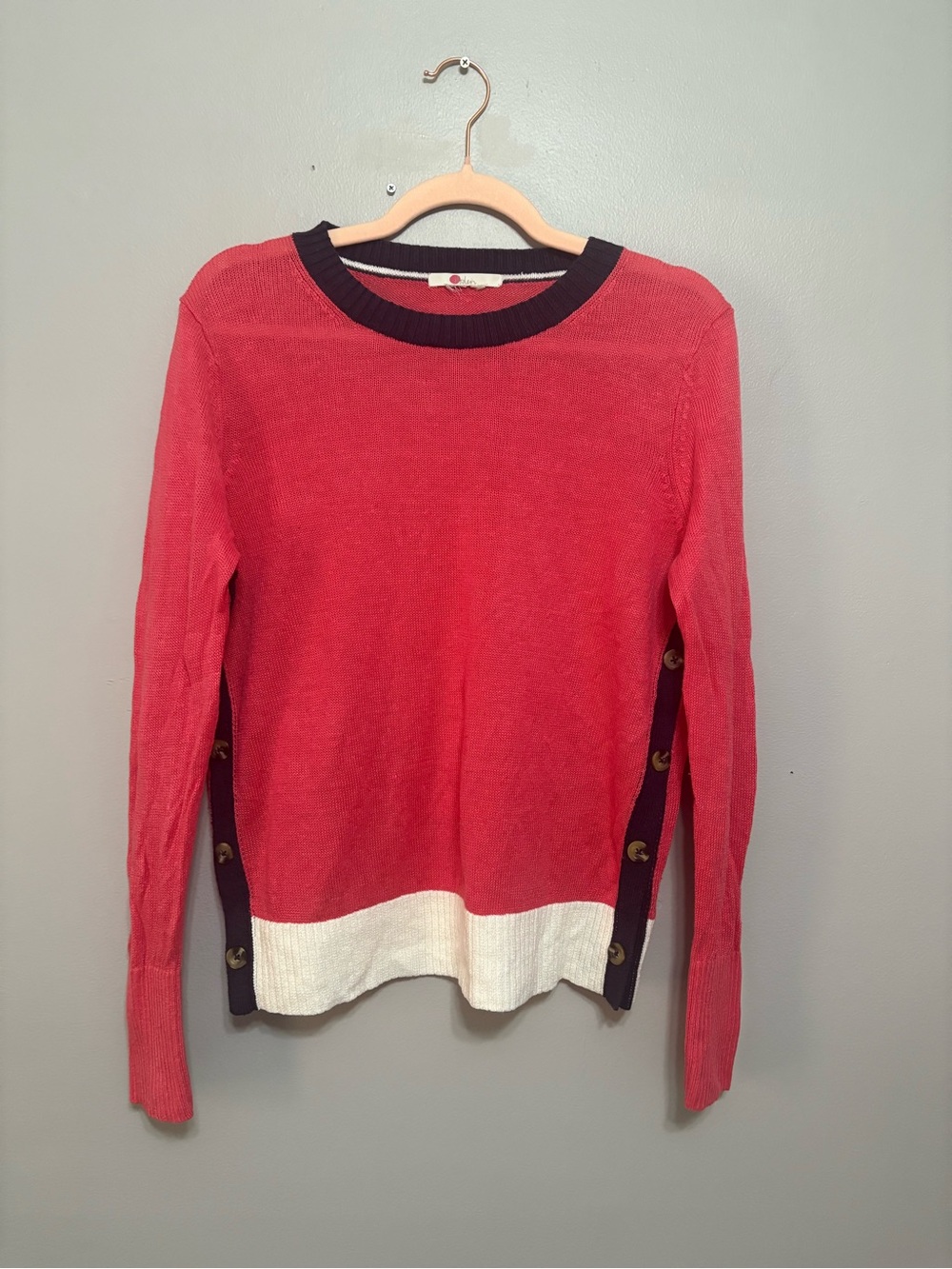 Boden Coral Long-Sleeve Sweater with Navy Trim and White Hem